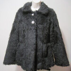 Paris Blues Coat Womens Large Black Shaggy Faux Fur Polyester Open Front Pockets
